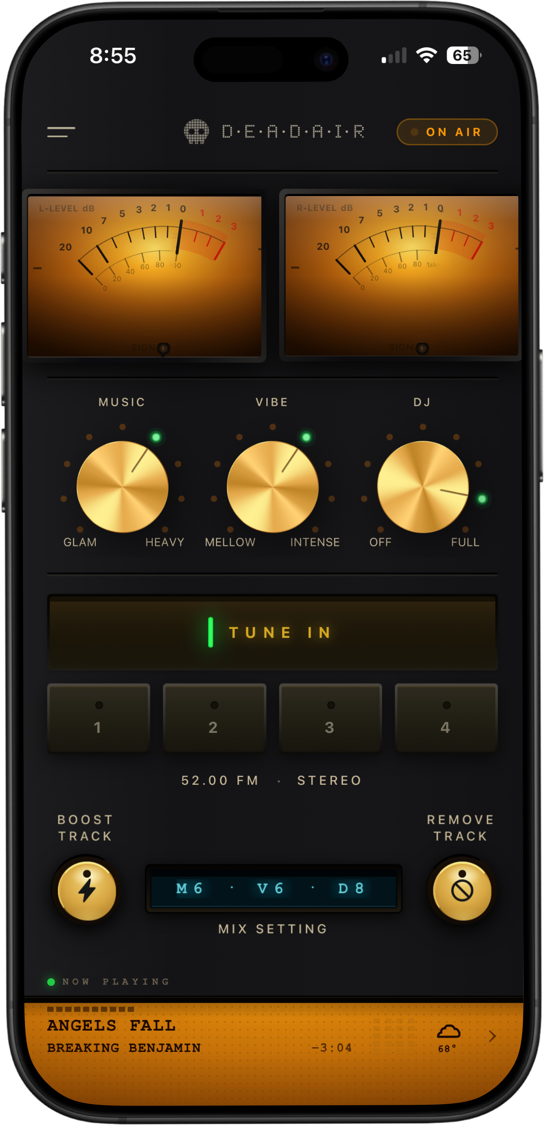 Dead Air app on iPhone with live VU meters